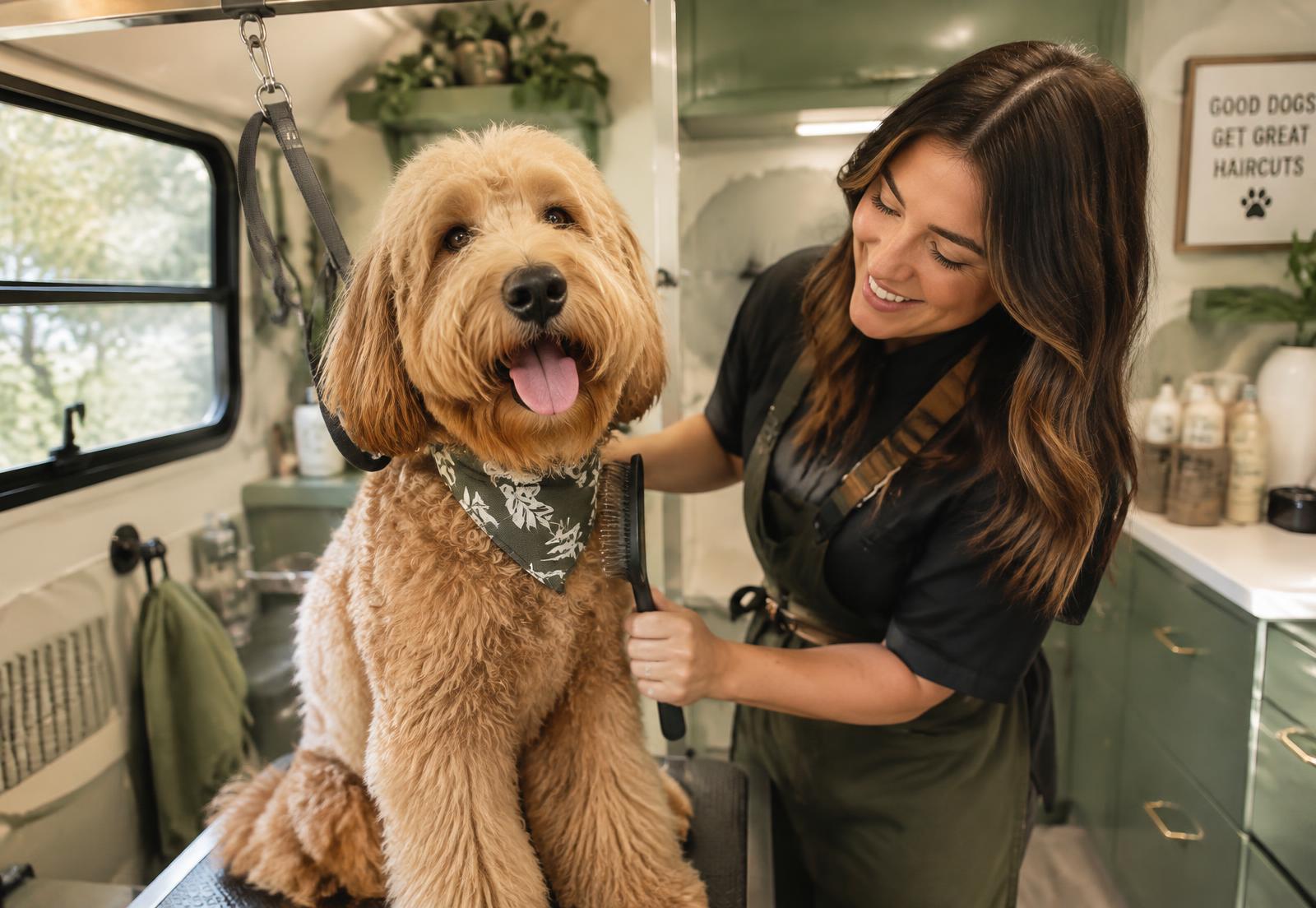 Groomer brushing a happy goldendoodle inside the Paw & Polish van