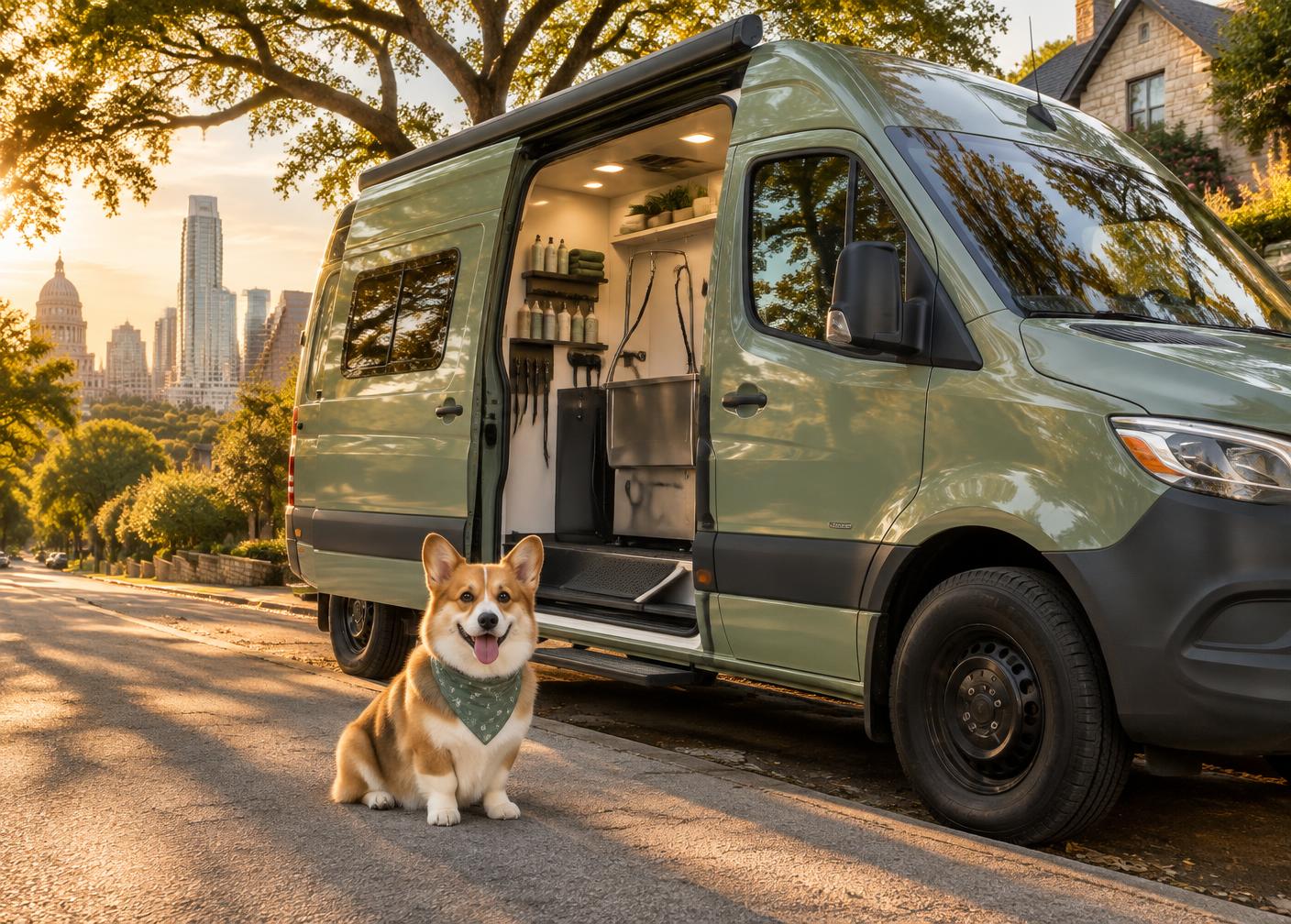 Paw & Polish grooming van on an Austin street with a corgi